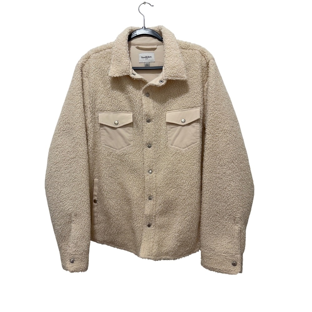 Goodfellow & Co Mens Sherpa Fleece Shirt Jacket Cream Beige Large Snap Front